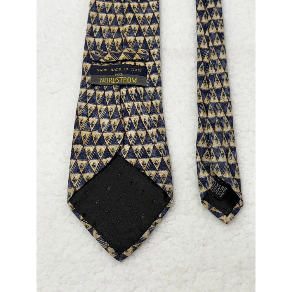 Nordstrom Men's Necktie Silk Geometric Triangle Pattern Blue‎ Beige Italy